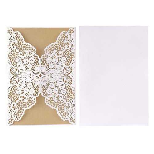ewtshop® 20 tarjetas de invitación de boda de estilo vintage, color blanco con encaje + hoja de papel kraft + sobres de papel kraft + cuerda decorativa. 
