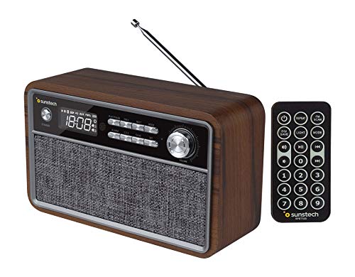 SUNSTECH RPBT500. Radio FM compacta de Madera con presintonías, Modo Reloj, Alarma Dual. Altavoz Bluetooth (v4.2) de Graves potentes, Manos Libres, USB, Micro SD y aux-in. Incluye Mando a...