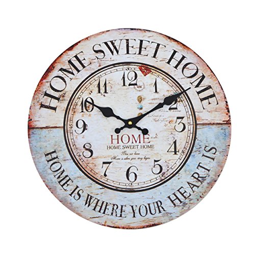 Vevendo Reloj de Pared - Home Sweet Home - Reloj de Cocina de Madera con Esfera Grande de MDF, Reloj Retro en diseño de Moda Shabby Chic con mecansimo de quarzo silencioso, Ø: 32 cm 