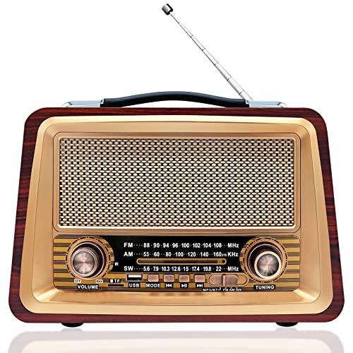 Wholede FM Radio Vintage Retro Portátil - Sintonizador Am SM Bluetooth 5.0 Altavoz con Tarjeta TF Disco USB 18650 Pilas para Cocina Oficina Casa, Funciona con 18650 Pilas Intercambiables...