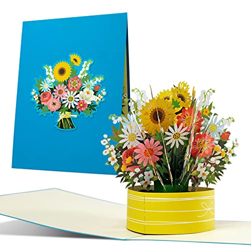 Tarjeta de felicitación con ramo de flores 3D, tarjeta emergente con flores alegres y coloridas como tarjeta de cumpleaños, tarjeta de recuperación, tarjeta de agradecimiento, vales, F24