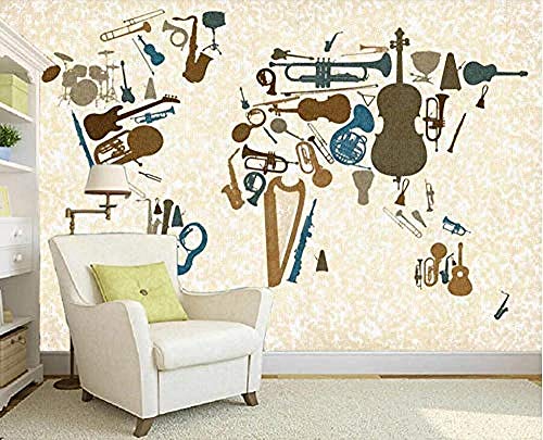 Murales de pared Mapamundi vintage de instrumentos musicales Pared Pintado Papel tapiz 3D Decoración dormitorio Fotomural de estar sala sofá mural-150cm×105cm