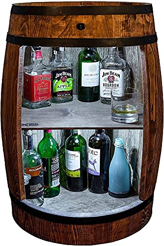 Barril de madera con iluminación LED XL. Barril de madera para vasos y botellasBarril de decoración vintage para salón. Minibar Set de regalo de mesa de bar con madera