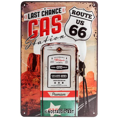 Nostalgic-Art Cartel de Chapa Retro Route Gas Station – Idea de Regalo para los Fans de la Ruta 66, metálico, Diseño Vintage, 20x30x0.2 cm