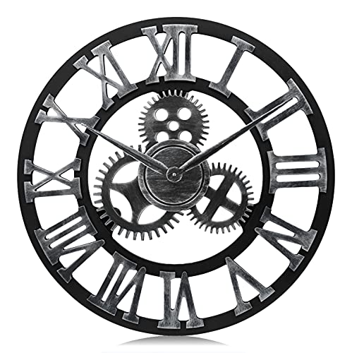 Lafocuse Reloj de Pared Grande Salon Madera 58 cm Plateado Engranajes Industrial Silencioso Vintage Reloj de Cuarzo Números Romanos para Bar Cafetería