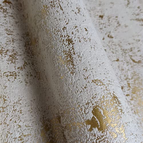 WALLCOVER Papel pintado dorado y blanco, diseño vintage, aspecto usado, papel pintado de vinilo con aspecto metálico, estructura de lujo, para dormitorio, salón, cocina, pasillo,...