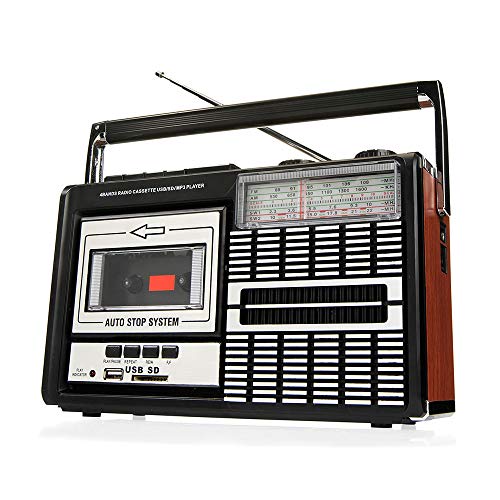 Ricatech PR85 - Reproductor y grabadora de casetes, Radio AM/FM/SW, USB, Ranura para tarjeta SD, Micrófono integrado, Parada automática, Ligero, Portátil, Conector para auriculares