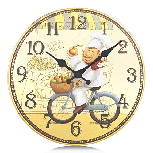 Lafocuse 30 cm Reloj de Pared Amarillo Cocina Grande Rustico de Madera Vintage Silencioso Reloj de Cuarzo Decorativo Redondo Cocinero para Restaurante