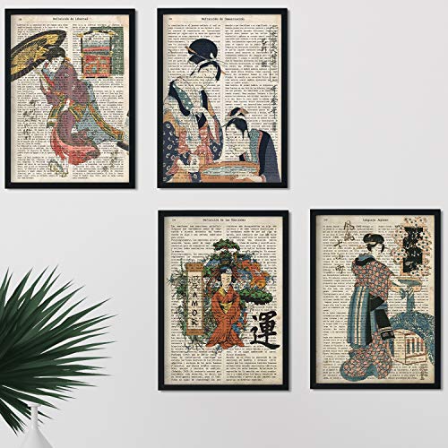 Set 4 láminas temática Japón. Posters de geishas de estilo vintage con textos de diccionario en español. Arte japonés.