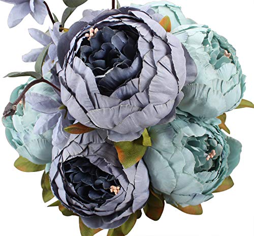 Ruiuzi Vintage Ramo de Flores de peonia Rosa, Artificial, para Boda decoración para el hogar (Grey Blue)