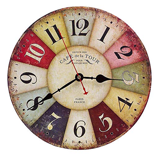 Reloj Pared de Madera de la Vendimia,30cm Reloj Numérico Grande de Madera Retro,Silencioso No Tick Tack Ruido Reloj de Pared para No Ruidos,Cocina, Decoración de la Sala de Estar (A)