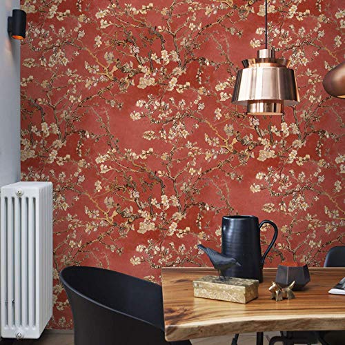 Papel pintado con flores rojas de Van Gogh, salmón, flor de almendra, flores vintage, para dormitorio, cocina, salón, incluye cola de papel pintado para papel pintado