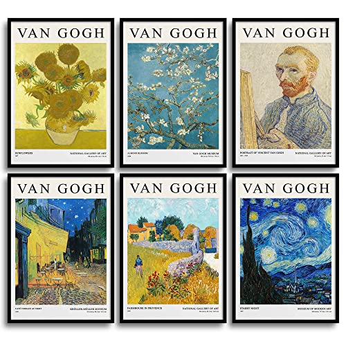 MONOKO® Van Gogh Juego de cuadros | Póster de salón vintage | Cuadros de pared para dormitorio 6 x A4 sin marco